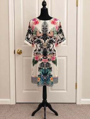 Capulet Tropical Print Short Sleeve Crew Neck Shift Dress Ivory